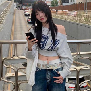 ไหล่เอียงฤดูใบไม้ร่วงพิมพ์ดิจิตอลด้านบนหลวมแขนยาวเสื้อกันหนา…