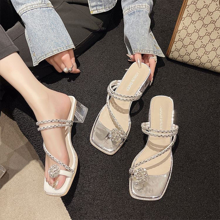 34-40 รองเท้าส้นสูงใส รองเท้าแตะใส ส้นหนา ประดับไรน์สโตนประกาย เวอร์ชั่นเกาหลี รองเท้าแตะผู้หญิงแฟช