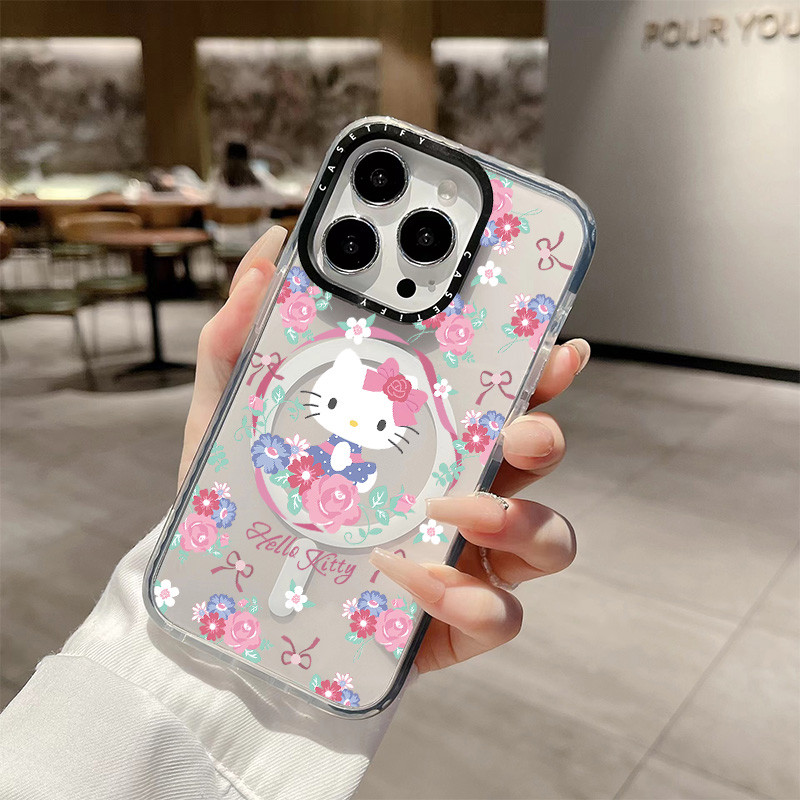 น่ารักการ์ตูน Hello Kitty ดอกไม้ไร้สายชาร์จแม่เหล็กสําหรับ IPhone 11 14 15 16 Pro Max 12 13 Pro Max 14 15 16 PLUS ซิลิโคนนุ่มกันชนใสกันกระแทก