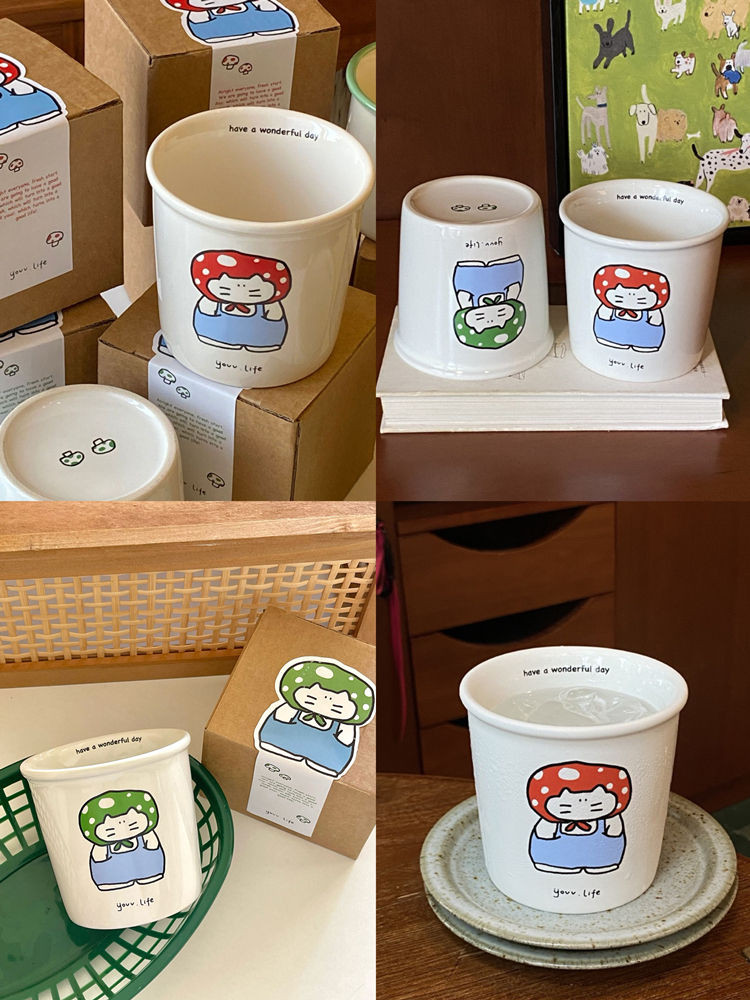 ลูกแมวเห็ด ~ น่ารักสไตล์อินมือถือถ้วยกาแฟแก้วเซรามิกกล่องของขวัญของขวัญสําหรับเพื่อนที่ดีที่สุด