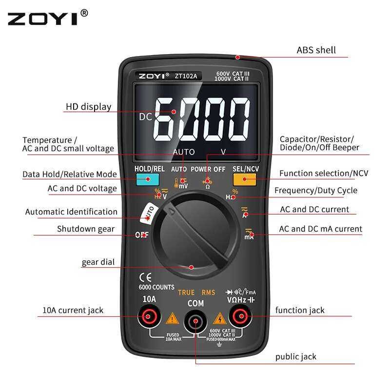 ▥ ZOYI Zt102/102A มัลติมิเตอร์แบบดิจิตอล 6000 นับไฟฟ้าเมตรเครื่องทดสอบทรานซิสเตอร์ Auto Rang Ac