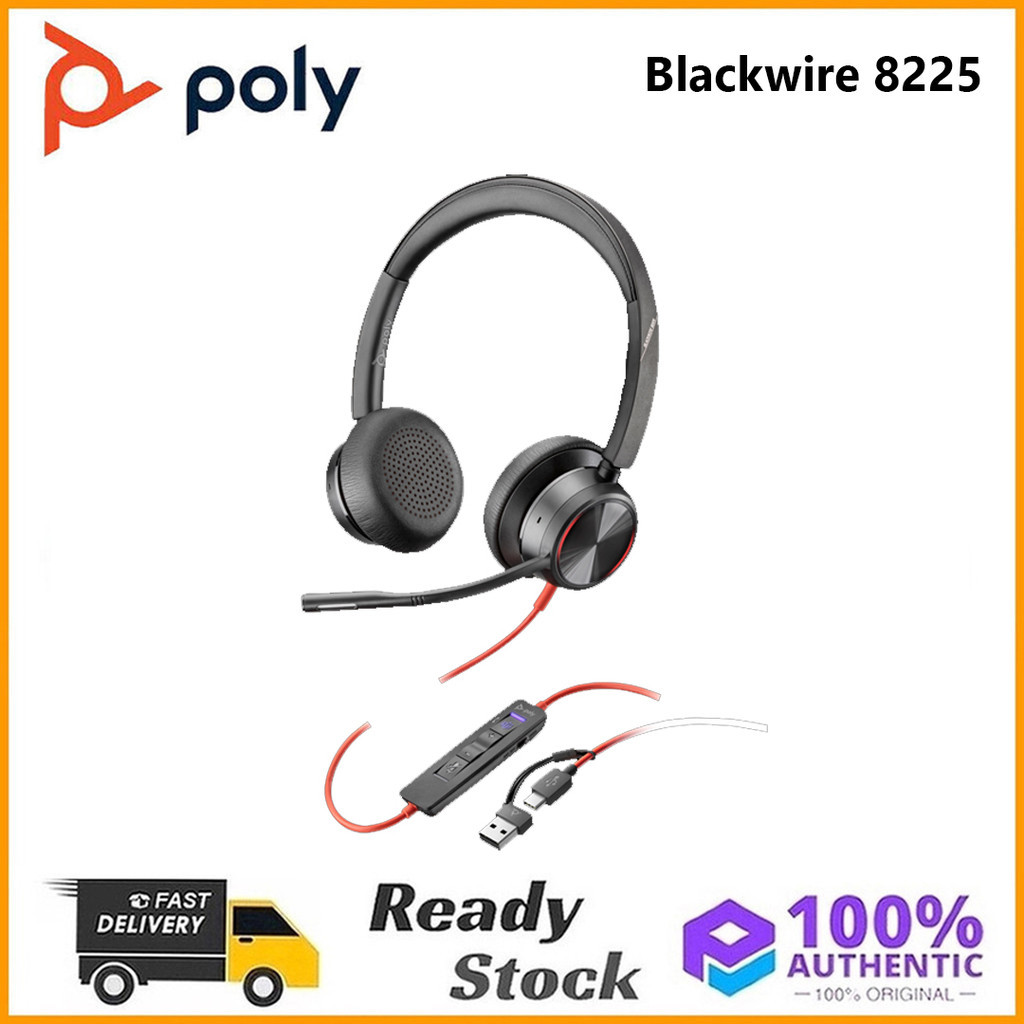 Original Poly Blackwire 8225 สเตอริโอ Microsoft Teams ได้รับการรับรองชุดหูฟัง USB-C + อะแดปเตอร์ US