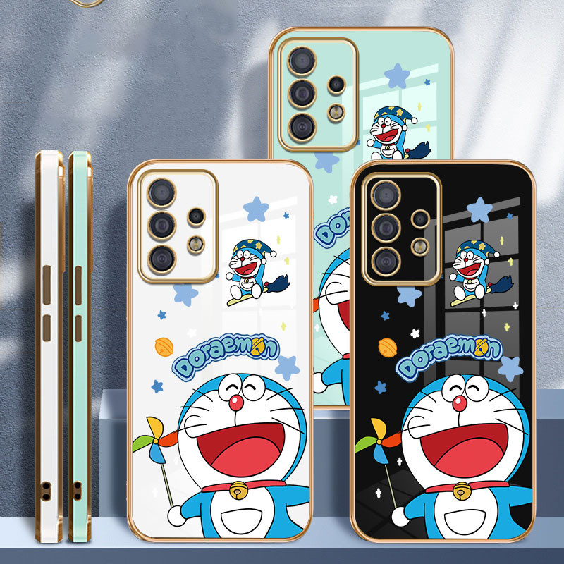 SAMSUNG การ์ตูนน่ารักกังหันลมโดราเอมอนเคสโทรศัพท์สําหรับsamsung Galaxy A51 A52 A52S A53 A54 A70S A71 A73 A7 2018 A750 M40S J4 Plus J7 Prime 6Dชุบรวมทุกอย่างเปลือกกันกระแทก