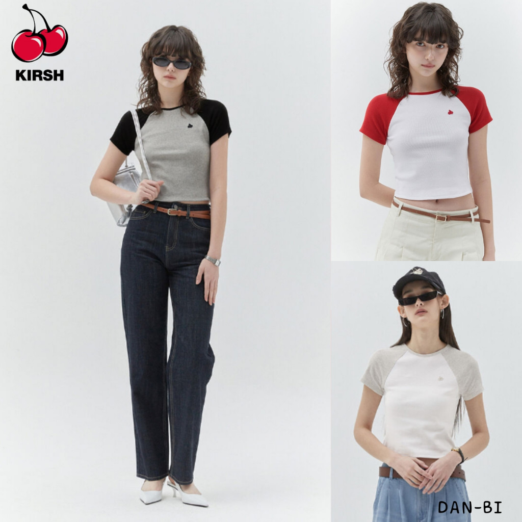 ♞,♘[Kirsh] Kirsh Plain Color Mix Raglan Crop T-Shirt_3color / CHERRY LOGO POINT /สินค้า KR แท้ 100%