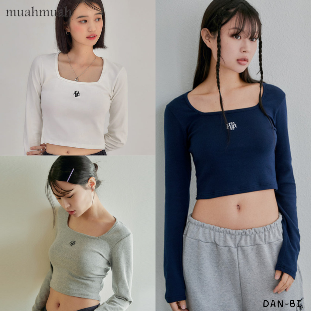 ♞,♘[MuahMuah] เสื้อครอปแขนยาว คอสี่เหลี่ยม / 5 สี / ของแท้ 100% / สินค้าเกาหลี XLF