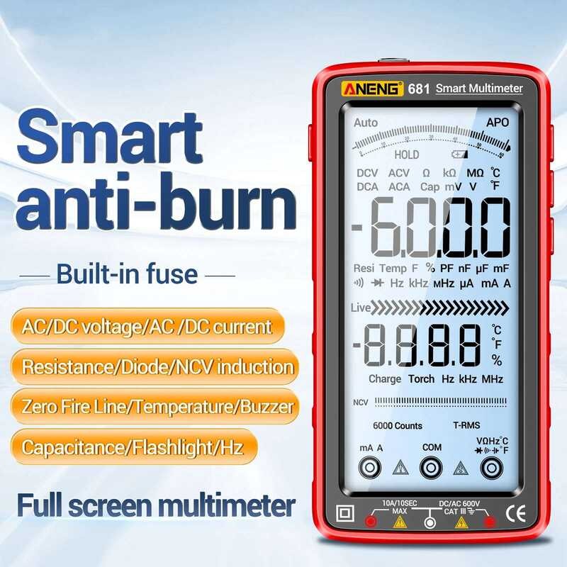 ▥ Aneng 681 682 683 6000นับมัลติมิเตอร์แบบดิจิทัลอัจฉริยะกันการเผาไหม้แบบชาร์จได้เครื่องวัด NCV
