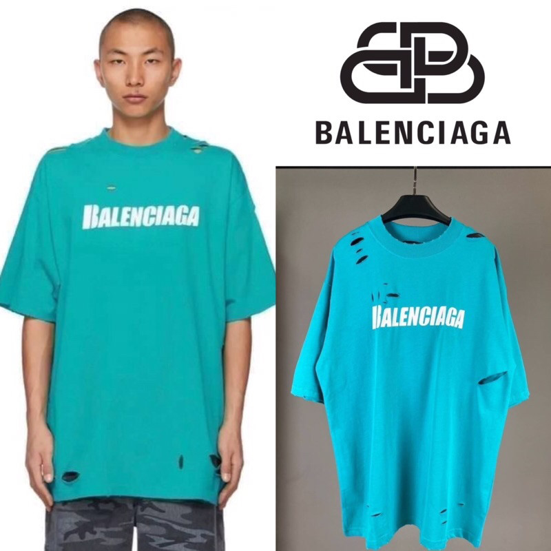 เสื้อยืดแขนสั้น Balenciaga Distressed Logo Print T-Shirt (สีฟ้า)