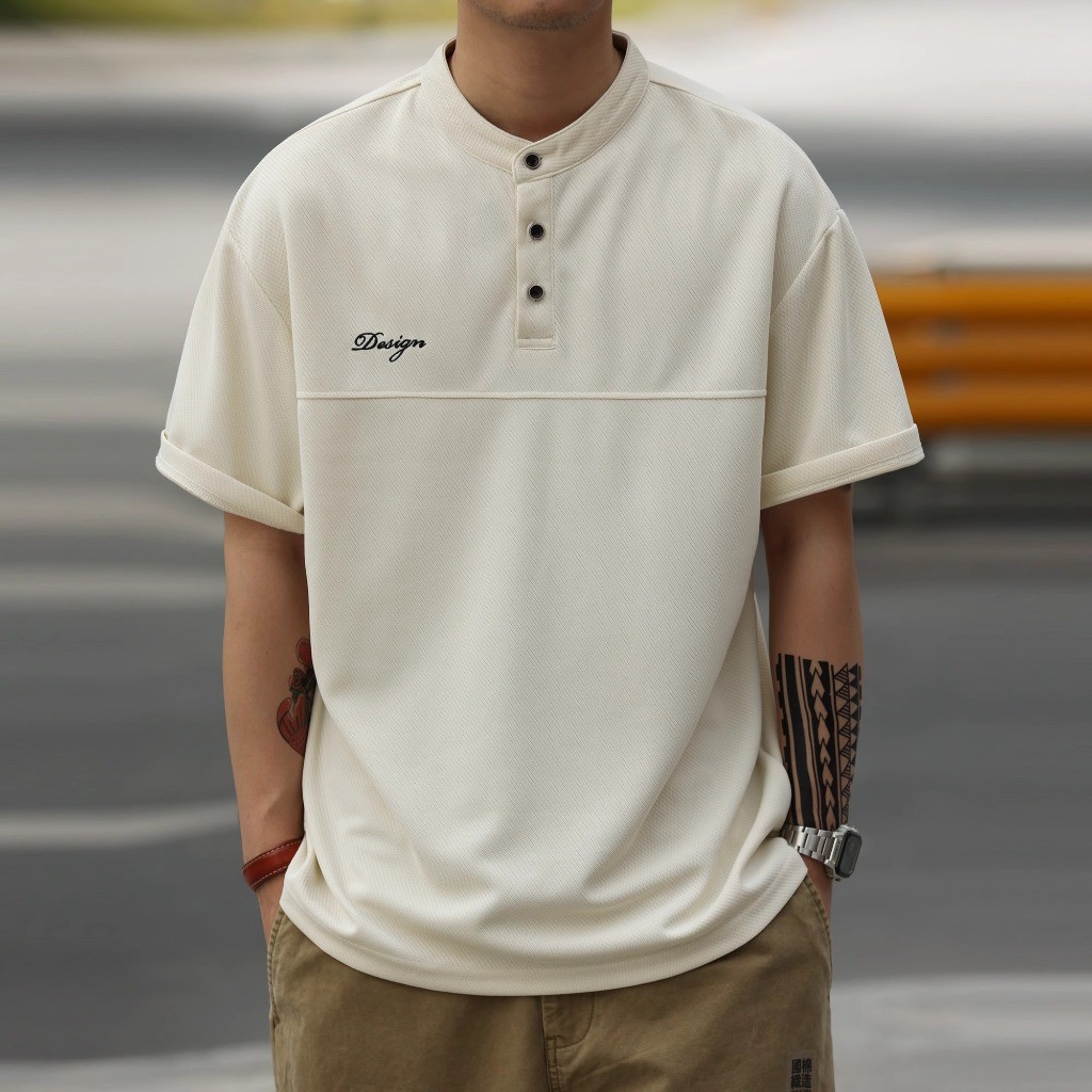 ♞,♘American Casual 230g Henry Collar เสื้อยืดแขนสั้นผู้ชาย Breathable Anti-Wrinkle ฤดูร้อน Embro XX