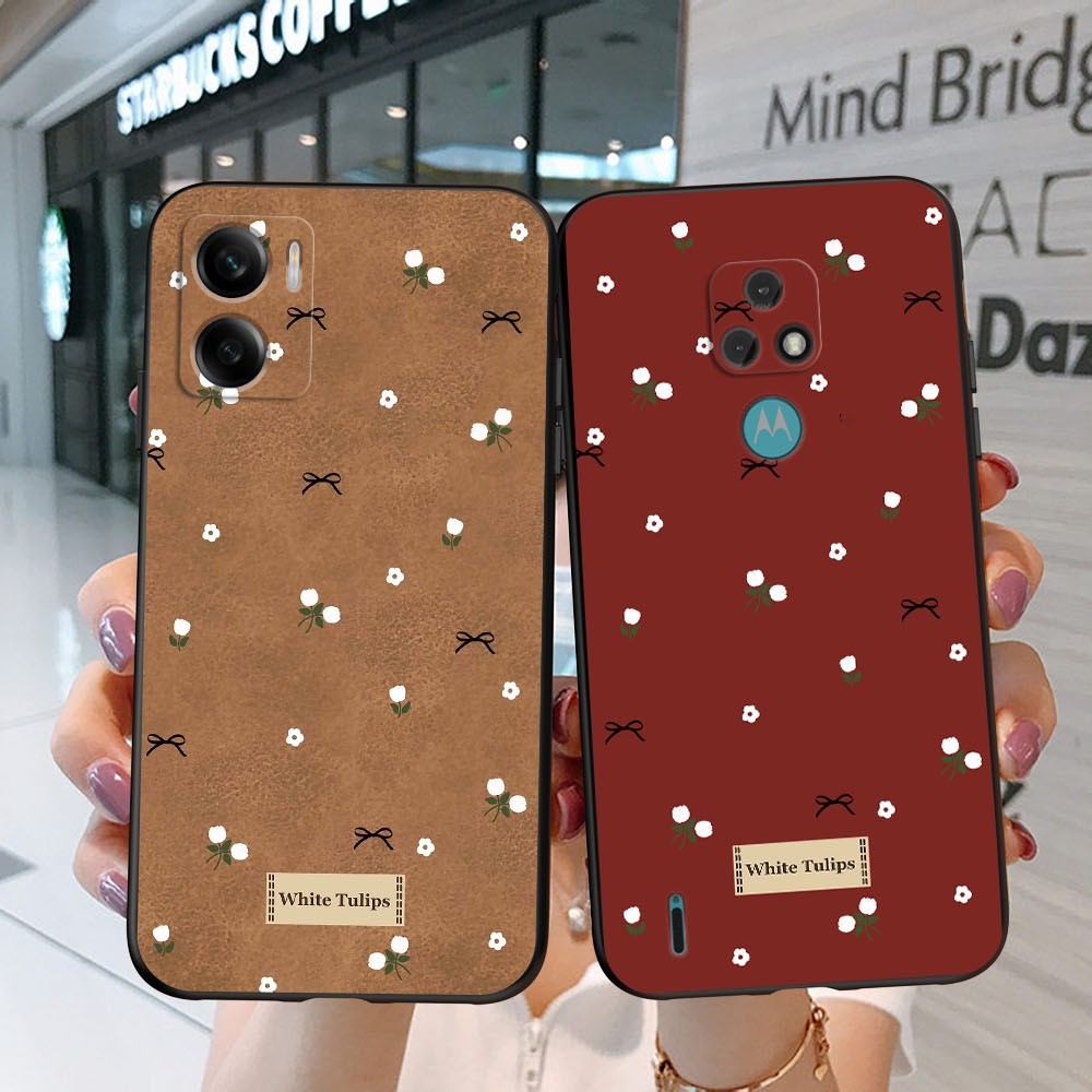 เคสโทรศัพท์ : Motorola Moto E20 E30 E40 E22 E22I E13 E 2020 : Aesthetic Casing White Tulip Black Bow