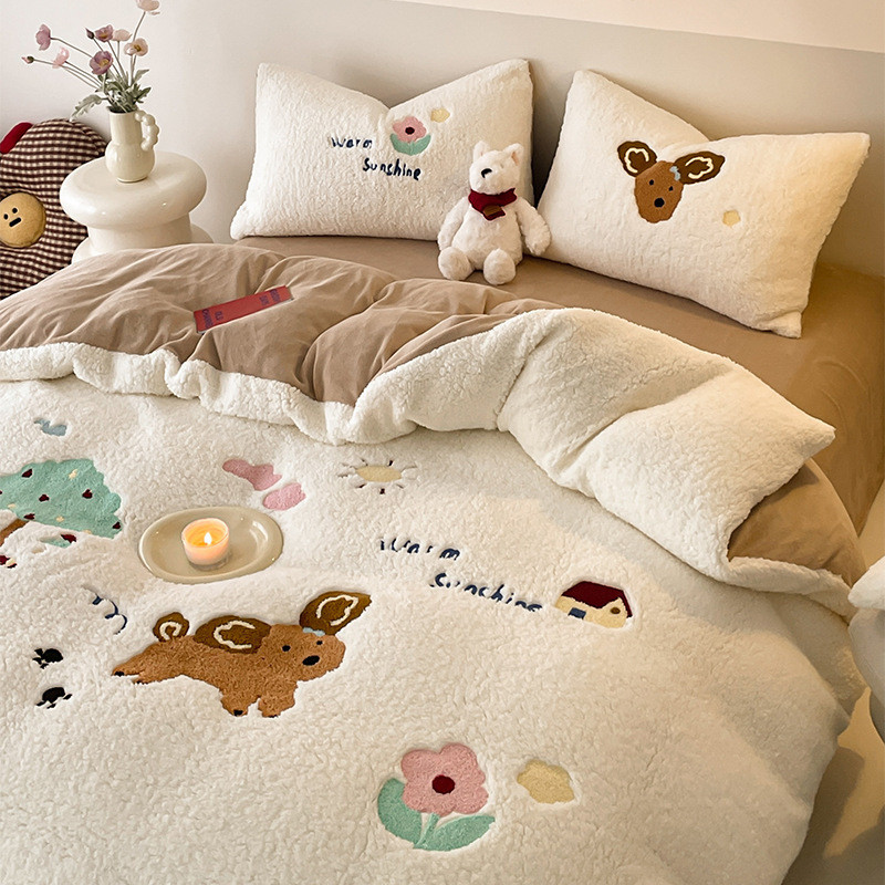 Cartoon Lamb 4-piece Winter Nantong Sheepskin Down Quilt Nantong Coral Sheepskin Down Quilt