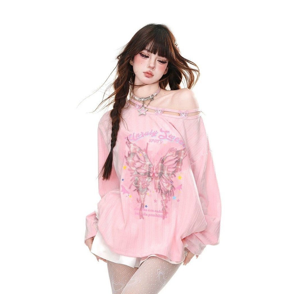 ไหล่เอียงหวานปักเสื้อยืดผู้หญิงฤดูใบไม้ผลิฤดูร้อนหลวมแขนยาว