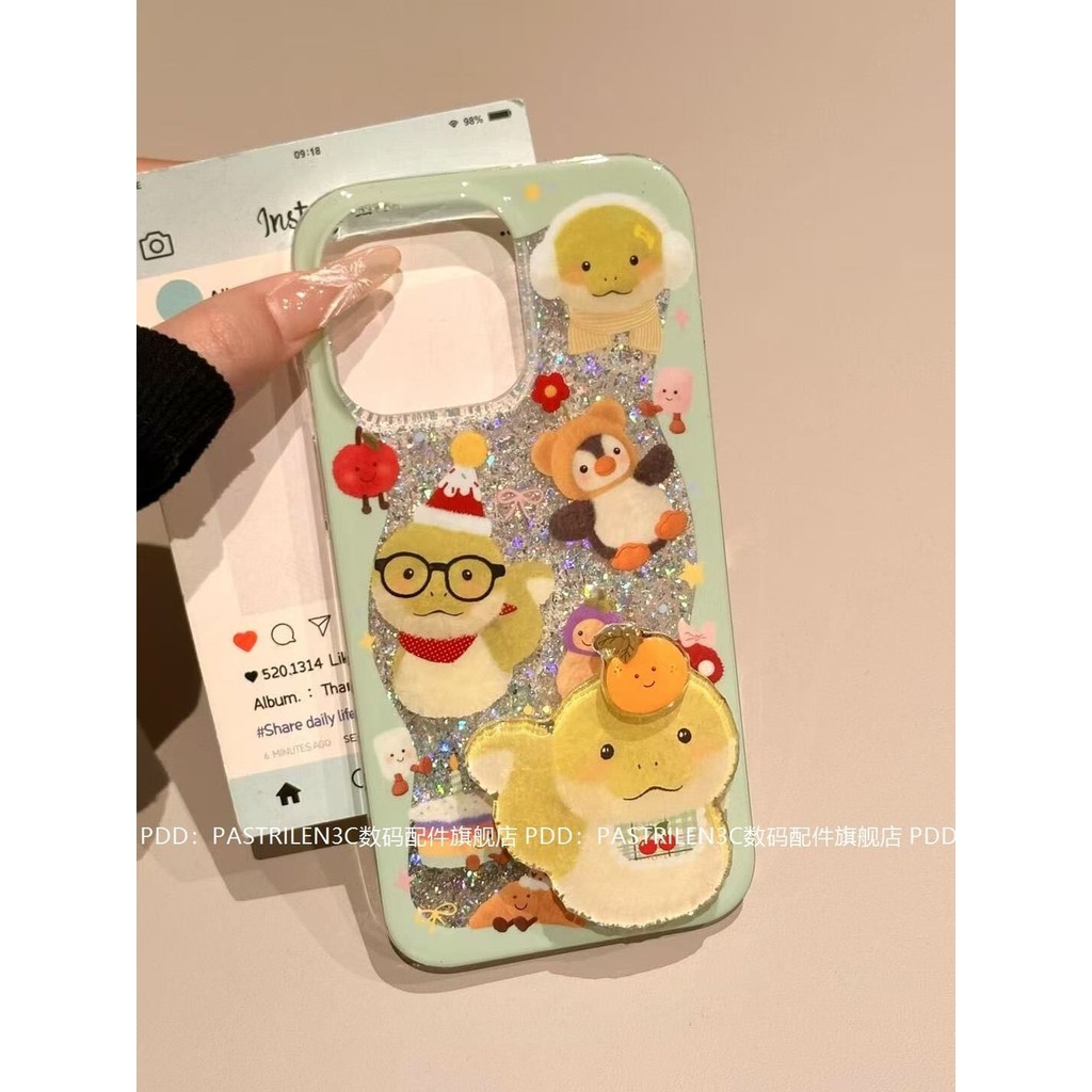 Niche Glitter เค้กงูสีเขียวเหมาะสําหรับ iPhone15 Apple 16 เคสโทรศัพท์ 14promax สไตล์ใหม่ 15P