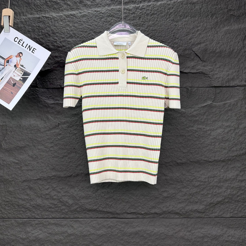 Lacoste5503 เสื้อโปโลลายทางสีเขียวสีเหลืองสีแดงทรงเข้ารูปยืดหยุ่นสูงสบาย