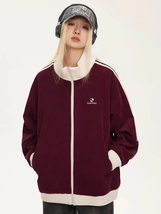 Solovely M-2XL ผู้หญิง สไตล์เกาหลี ผ้าฝ้าย เสื้อตัวบน แขนยาว เสื้อโค้ท ปักลาย ลายทาง แจ็คเก็ต ซิปเต็มตัว โอเวอร์ไซส์ เสื้อสเวตเตอร์