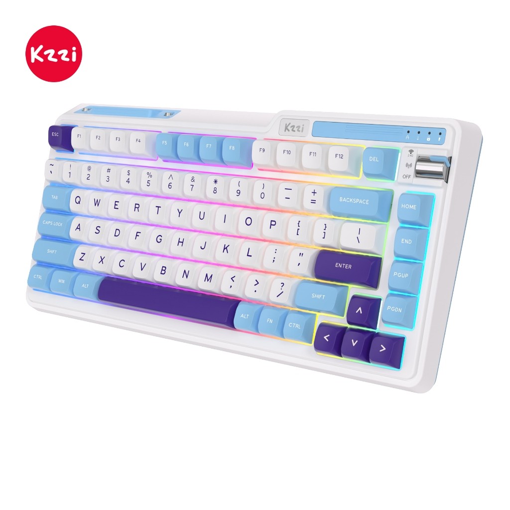 Kzzi K75 Lite Blue Sea คีย์บอร์ดไร้สาย 75% ปะเก็น RGB คีย์บอร์ดเกม 3 โหมดลูกบิด BT 5.0/2.4G/USB-C แ