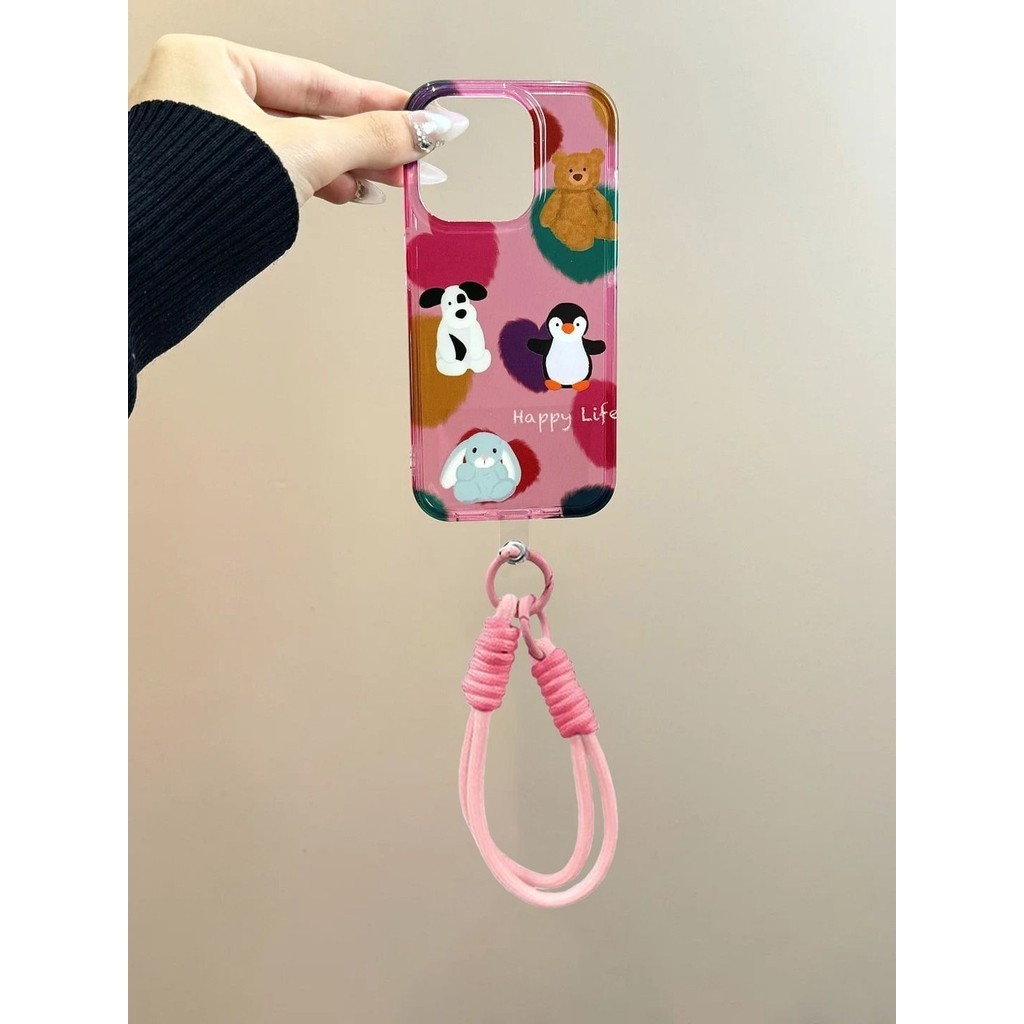 เหมาะสําหรับ Apple 16promax เคสโทรศัพท์เกาหลี iPhone15pro/14Plus/13/12 เคสโทรศัพท์สีชมพู