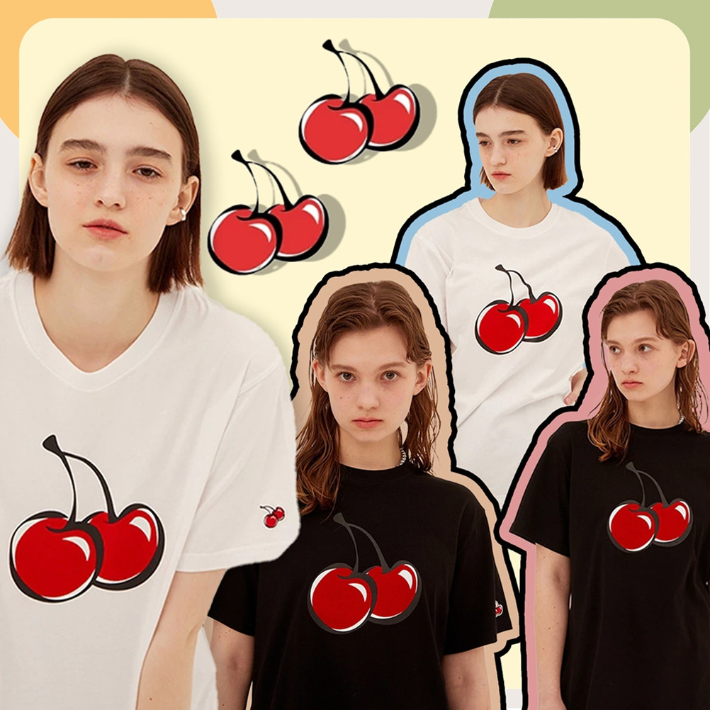 ♞,♘แท้/ พร้อมส่ง KIRSH BIG CHERRY T-SHIRTS Cotton Top crewneck แฟชั่นสไตล์เกาหลี Casual สีดำ ขาว ฟร
