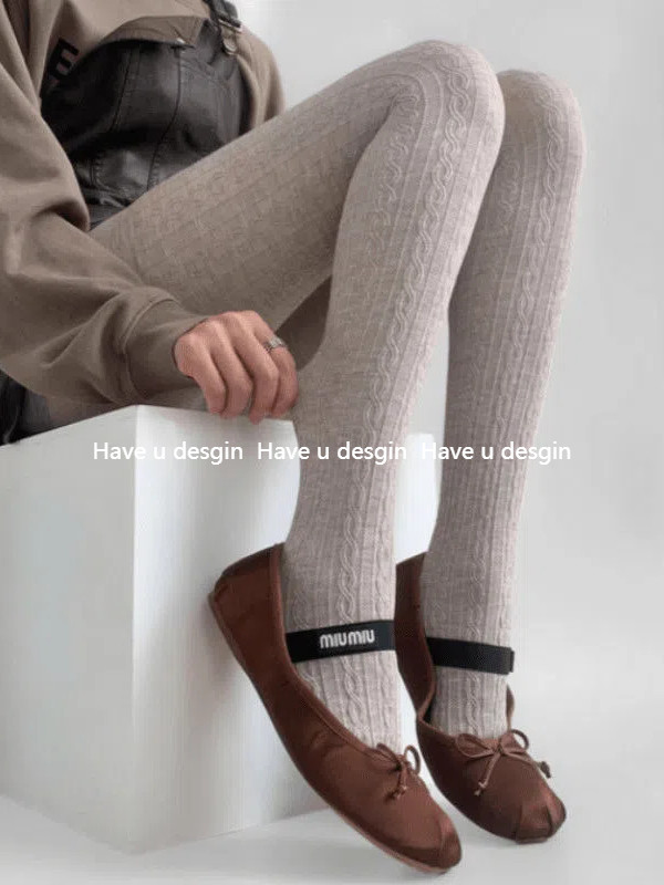 มี u desgin Retro Hemp รูปแบบ Bottoming ถุงเท้าฤดูใบไม้ผลิฤดูใบไม้ร่วงสีข้าวโอ๊ตเกลียวสวมใส่ด้านนอก Slimmer ดูถุงเท้ากางเกงผู้หญิง