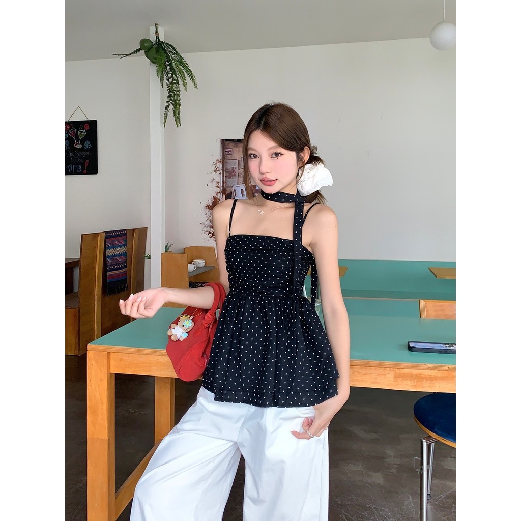 88009 เสื้อสายเดี่ยวจับจีบลายจุดย้อนยุค