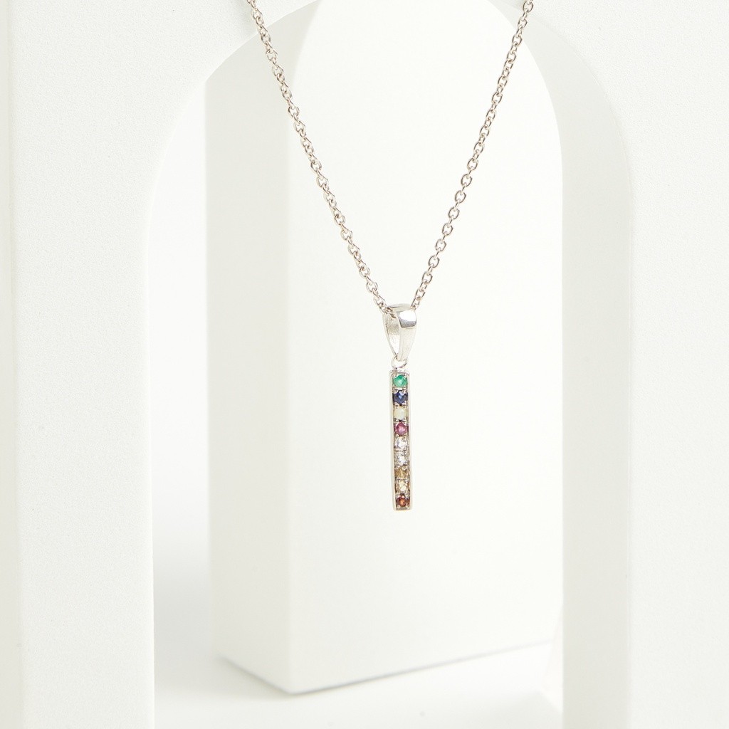 (Gold 9k) จี้+ สร้อยคอ นพเก้า พร้อมสร้อยคอ รุ่น Bar ( เพชรแท้ + ใบเซอร์)