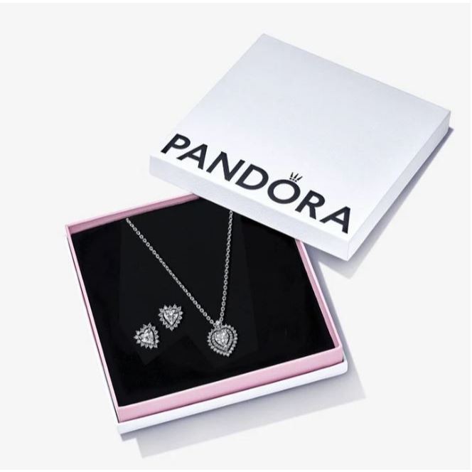 ♞,♘[พร้อมส่ง สินค้าแท้ %] แถมกล่องและถุง เซตสร้อยคอ ต่างหู Pandora Elevated Heart Gift Set XXS