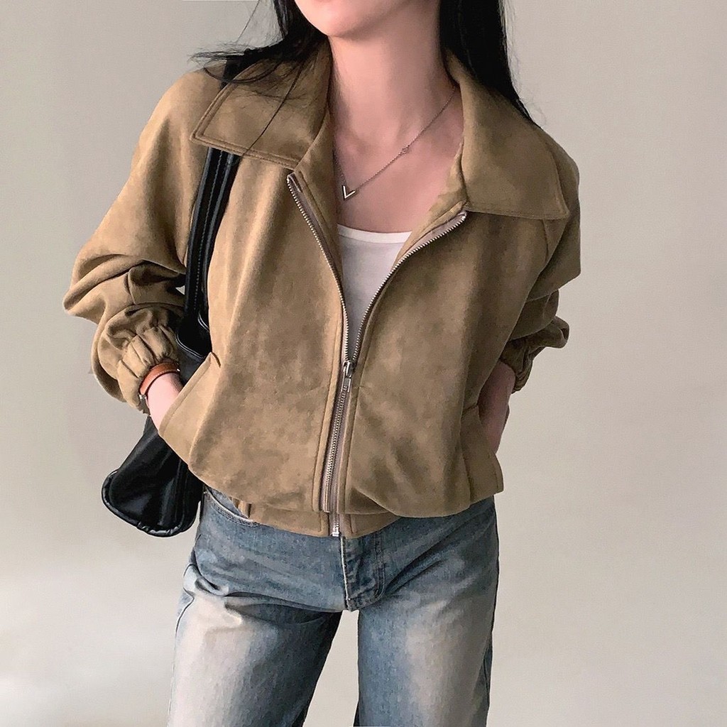French Retro Lapel Zipper Style Suede Feel Loose All-Match Long-Sleeved Short Jacket