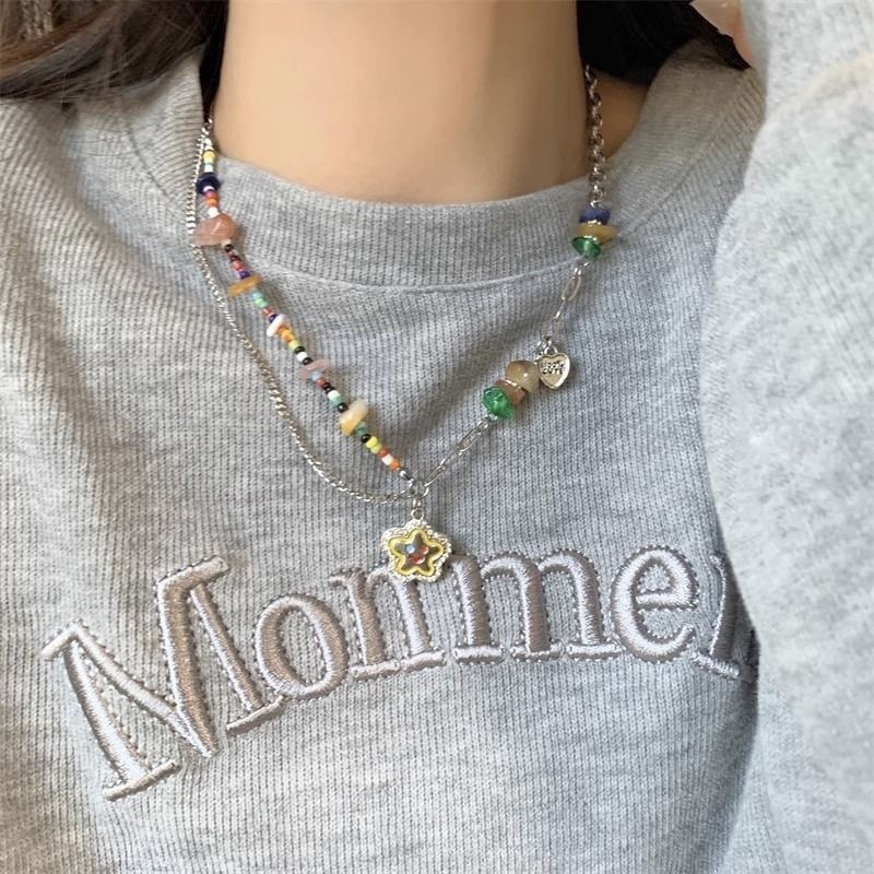 vbc ,สร้อยคอจี้หัวใจสีสันไม่สม่ำเสมอลูกปัดหินธรรมชาติY2Kสไตล์เกาหลีแฟชั่นละเอียดอ่อนเครื่องประดับ