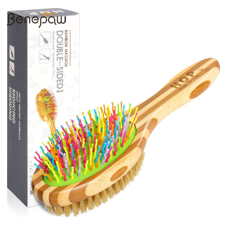 Benepaw สัตว์เลี้ยงผม Remover Comfort Handle Grooming หวี Lightly หลวม Knots Dander กับดักไม้ไผ่พลาสติกหมูผมมือถือการออกแบบตามหลักสรีรศาสตร์สุนัขแปรงผมรอบเคล็ดลับปลอดภัยนวด