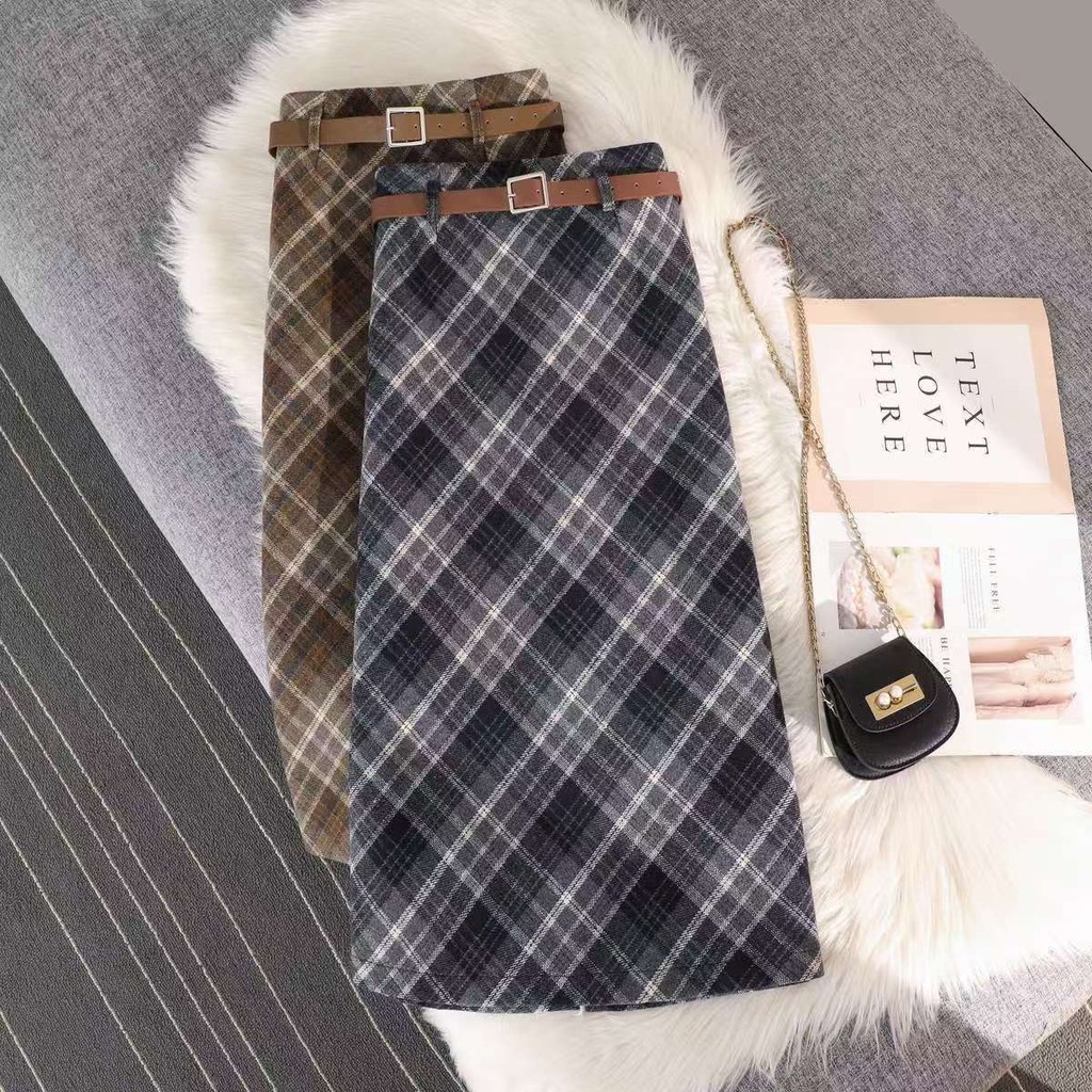 P ลายสก๊อตกระโปรงขนสัตว์ Retro All-Match Hip Wrap ฤดูใบไม้ร่วงฤดูหนาวสไตล์ใหม่เอวสูง Slimmer ดูแยกความยาวกลางสกี