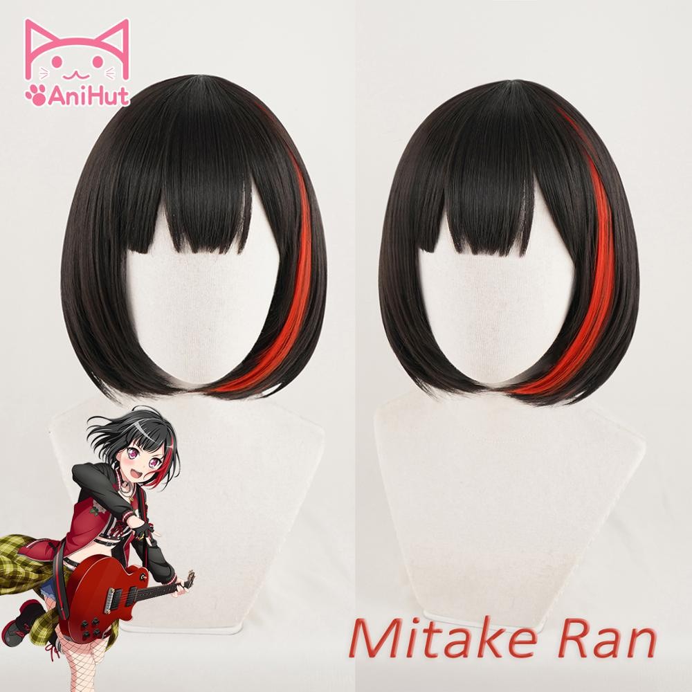 ในสต็อก AniHutMitake Ran Wig Game BanG Dream! คอสเพลย์วิกผมสังเคราะห์สีดําผู้หญิงผมอะนิเมะ Bandori ค