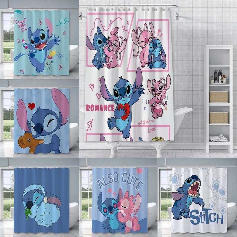 การ์ตูนร้อน S-Stitch Love Big Eye น่ารักผ้าม่านอาบน้ํากันน้ําผ้าโพลีเอสเตอร์สีที่มีสีสันผ้าม่านอาบน้ําผ้าม่านพร้อมตะขอ