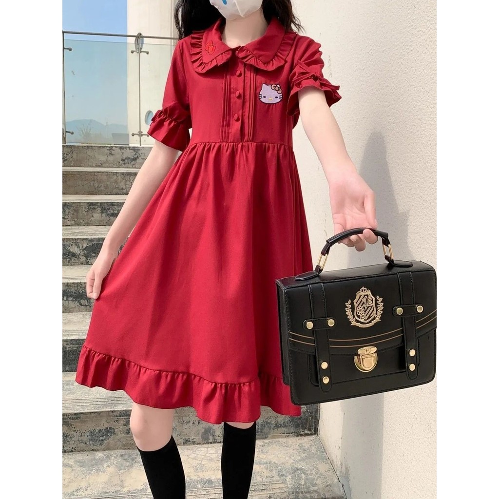 S-2XLกระโปรงนักเรียนสไตล์ญี่ปุ่นลายปักฮัลโหลคิตตี้ ทรงAคอลลาร์โบว์ไซส์เล็ก 2025