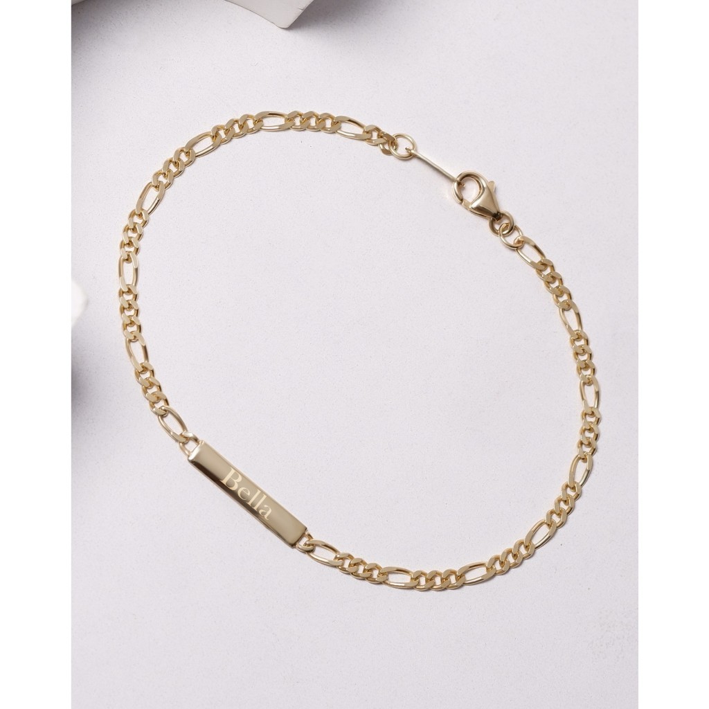 สร้อยข้อมือทองแท้ 9K Figaro Long Bar Engraved Name Small Size
