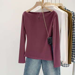 81916 เสื้อยืดแขนยาวคอเหลี่ยมเอวแคบสลิมฟิตสีทึบ-