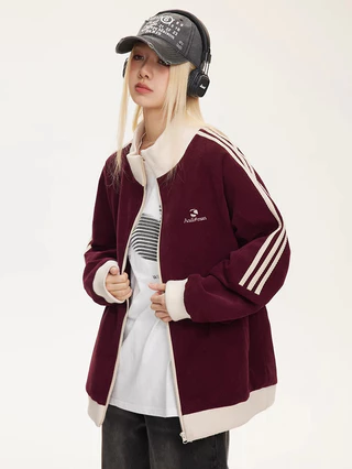 Solovely M-2XL ผู้หญิง สไตล์เกาหลี ผ้าฝ้าย เสื้อตัวบน แขนยาว เสื้อโค้ท ปักลาย ลายทาง แจ็คเก็ต ซิปเต็มตัว โอเวอร์ไซส์ เสื้อสเวตเตอร์