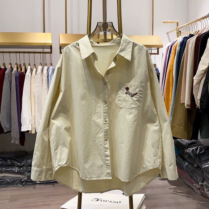 Niche Design Sense สไตล์เกาหลี All-Match Simple Puppy ปักเสื้อ Retro ปกหลวมสบายๆแขนยาว