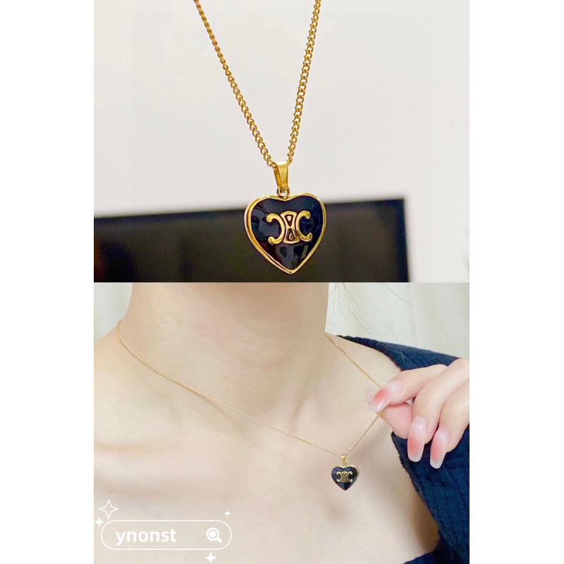 ♞,♘  แบรนด์ใหม่ 100% ของแท้ CELINE TRIOMPHE สร้อยคอจี้หัวใจสีดำ SFH
