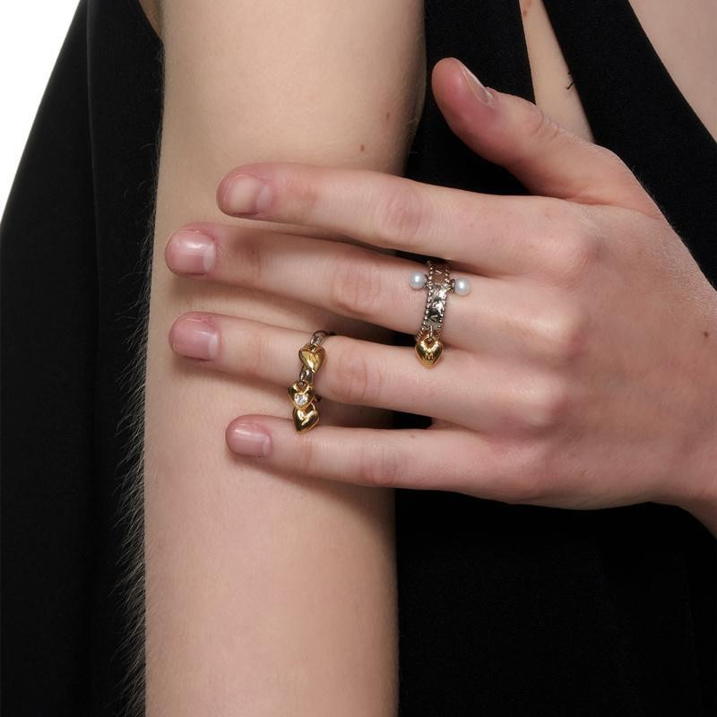 Shanmieleng ชุดคนร้ายน่ารัก Cross Gold Love Heart แหวน S925 เงินเปิดแหวนมุก 2022