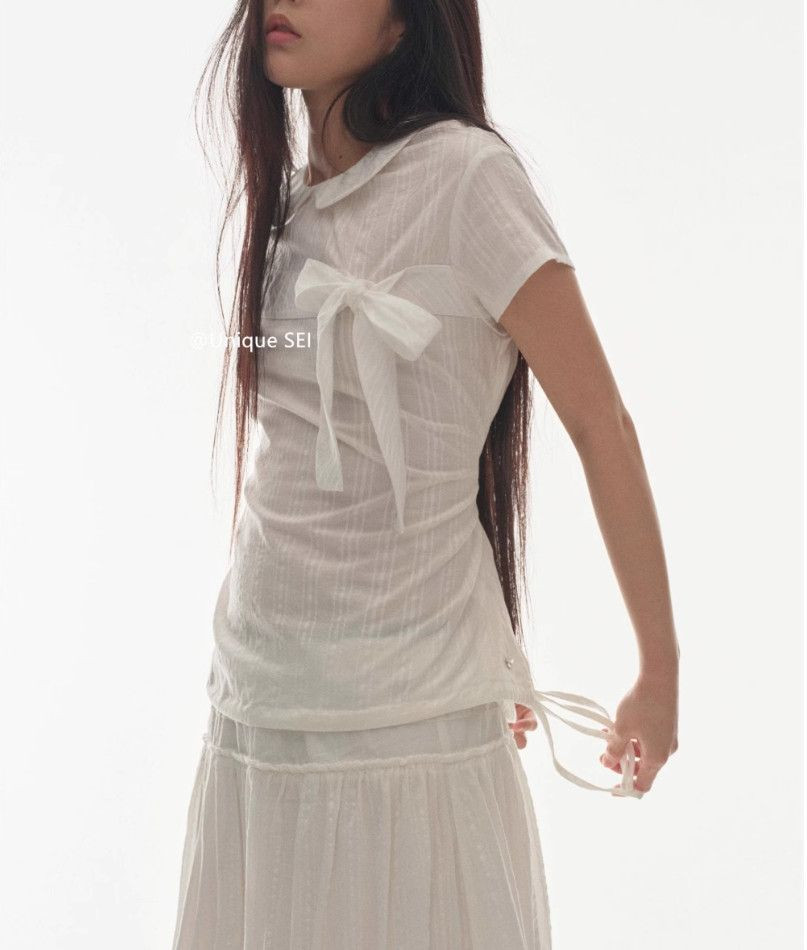 ฤดูร้อนผูกโบว์หวานดอกไม้ขนาดเล็กปุ่มคอตุ๊กตาเสื้อแขนสั้นด้านบน