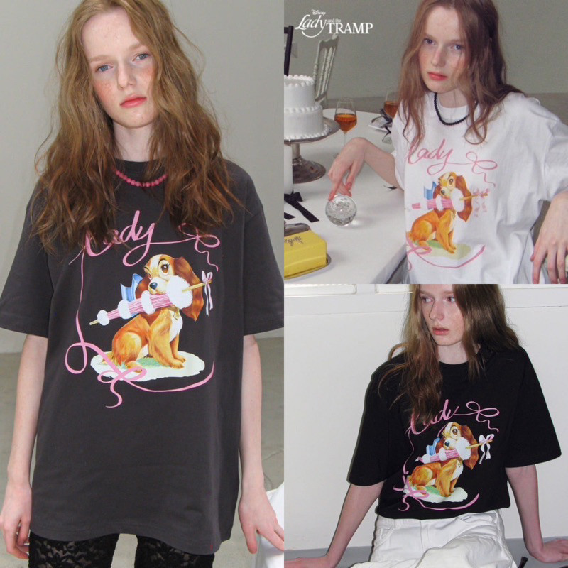 ♞,♘พร้อมส่ง RONRON x Lady and the tramp RIBBON LADY DOG OVER FIT T SHIRT lki