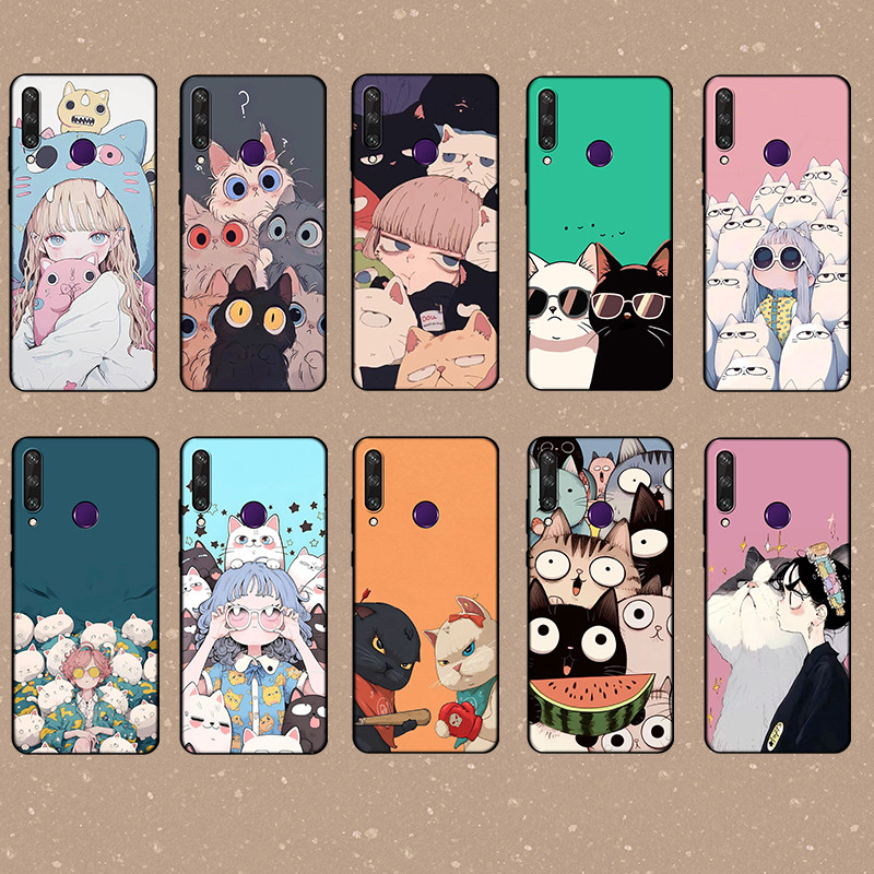 แฟชั่นพิมพ์สําหรับ Huawei Y6P Y7A Y8P Y9A Y5 Y6 Prime Cat สาวนุ่มสีดํา TPU เคสโทรศัพท์