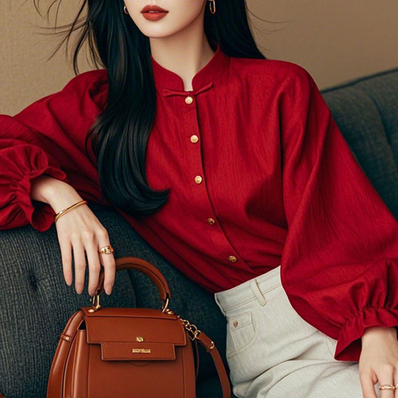 Encore Red Wear เสื้อเชิ้ตแขนยาวสีแดงสไตล์จีนสไตล์จีนใหม่ผู้หญิง