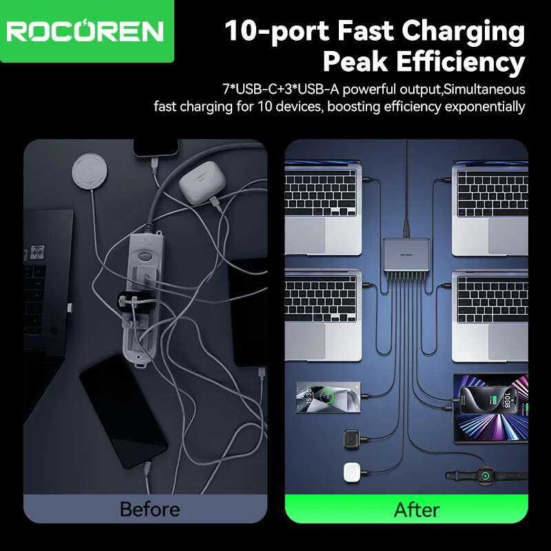 ▥ Rocoren 400W USB Type C Fast แบบพกพา 200W Desktop Power Station Type-C Gan Charger สําหรับ Ip