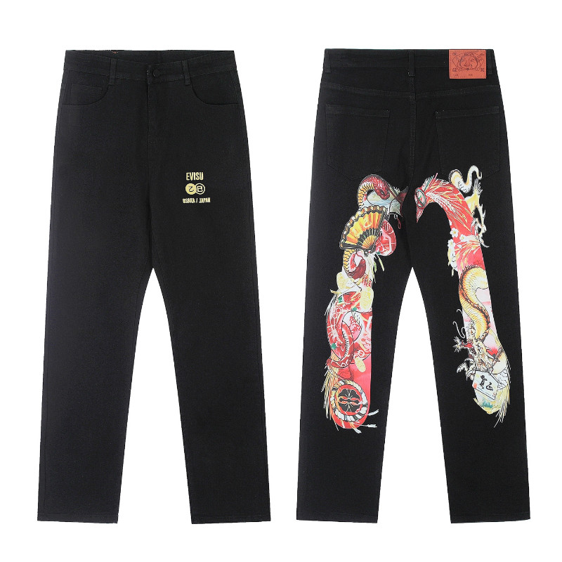 EVISU5902 กางเกงยีนส์ปักลายมังกรดํา