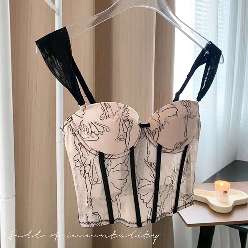 เซ็กซี่แน่น Bra ฝรั่งเศสย้อนยุค Camisole Fishbone ปัก Push-Up Bra
