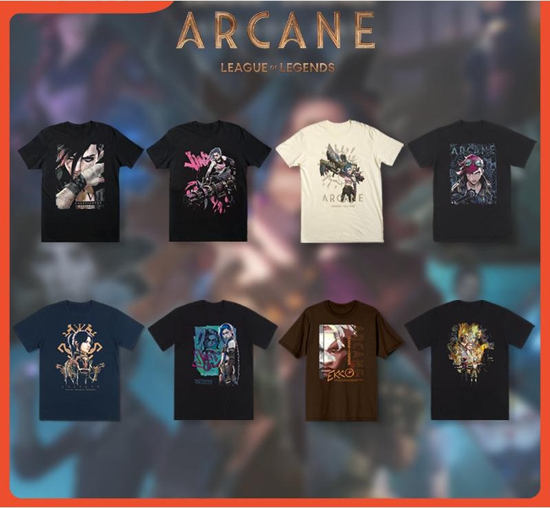 LEAGUE OF LEGENDS ARCANE Merch เสื้อยืด Plus ขนาด JIDX EKKO VI CAITLYN อะนิเมะพิมพ์แขนสั้นสําหรับผู้