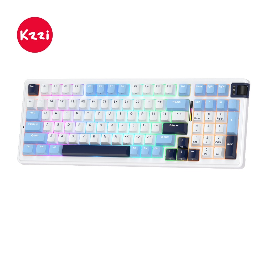 Kzzi K98 Polar White Wireless Gaming Triple Mode BT5.0/2.4G/USB-C ปะเก็นติดตั้ง Custom RGB Backlit