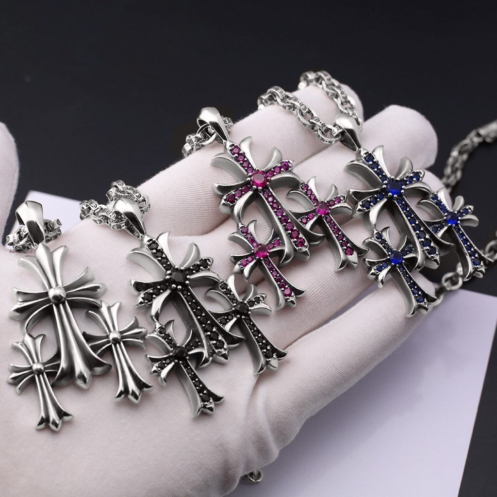 Chrome Hearts สร้อยคอ /925  สร้อยคอเพชร Triple Cross แฟชั่นเงิน