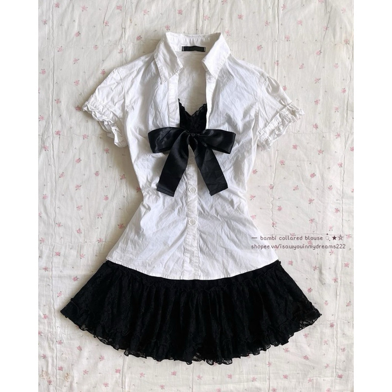 . [ Bambi laced blouse ] - Y2k dark coquette เสื้อเชิ้ตแขนสั้นผู้หญิงขอบลูกไม้และโบว์วินเทจญี่ปุ่