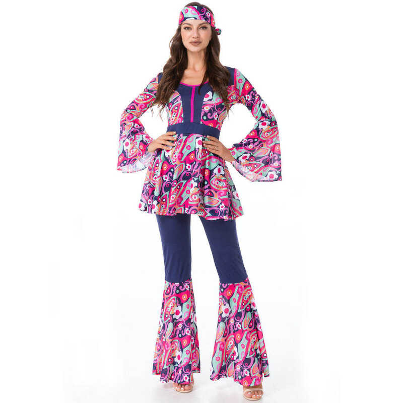 LY Women Vintage 60S 70S Hippie Cosplay Costume Disco Music Festival Jumpsuit Outfit Halloween Part